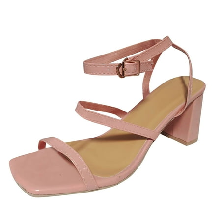 

Women s Fashion Solid Color Leather Buckle Thick High Heel Sandals