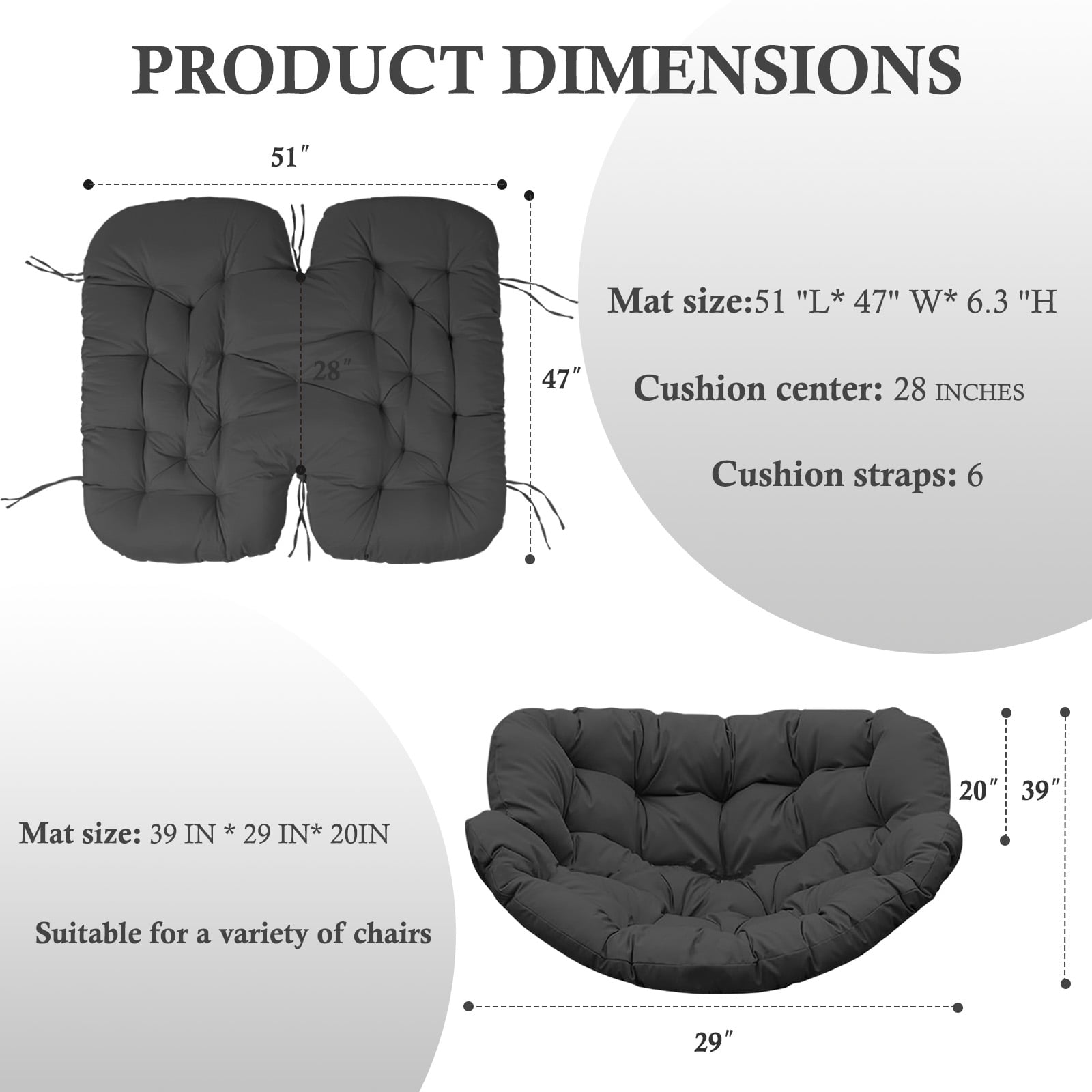 Egg Chair Cushion Replacement Waterproof – Outdoor Rocking Chair Cushions 6.3" Thick UV Resistant with 6 Straps for Patio, Balcony, Garden, Dark Gray