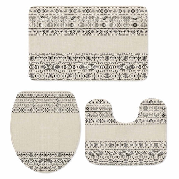 Beige Black Boho Bath Mat 3 Piece Bathroom Rug Set, Vintage Ethnic Tribe Abstract Art Non Slip Bath Rug Contour Mat and Toilet Lid Cover, Absorbent Shower Mats Soft Bath Rugs and Mats Sets
