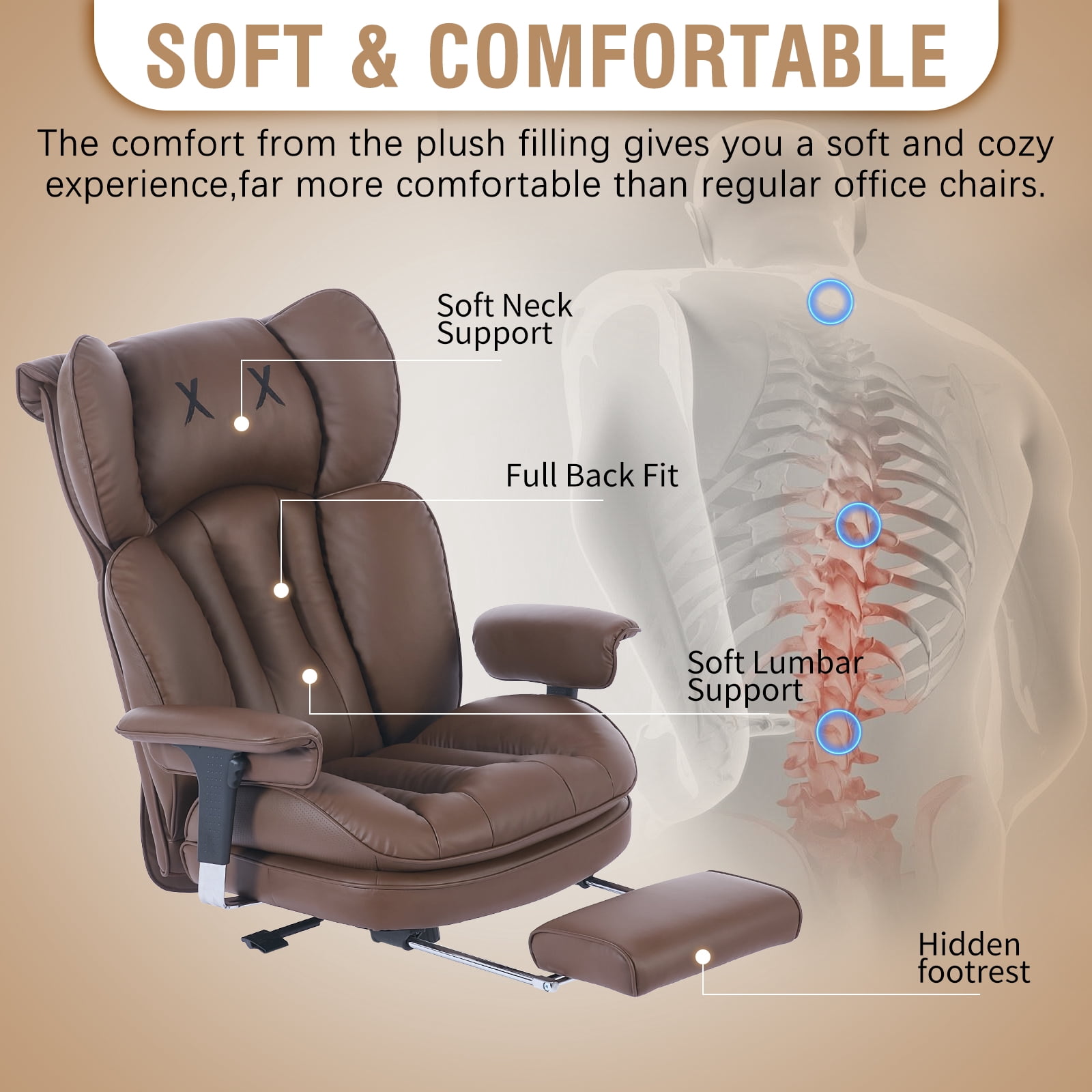 ATMILD 400lbs Big and Tall Ergonomic Office Chair Comfortable PU Leather Executive Desk Chair with Footrest and Lumbar Support (Brown)