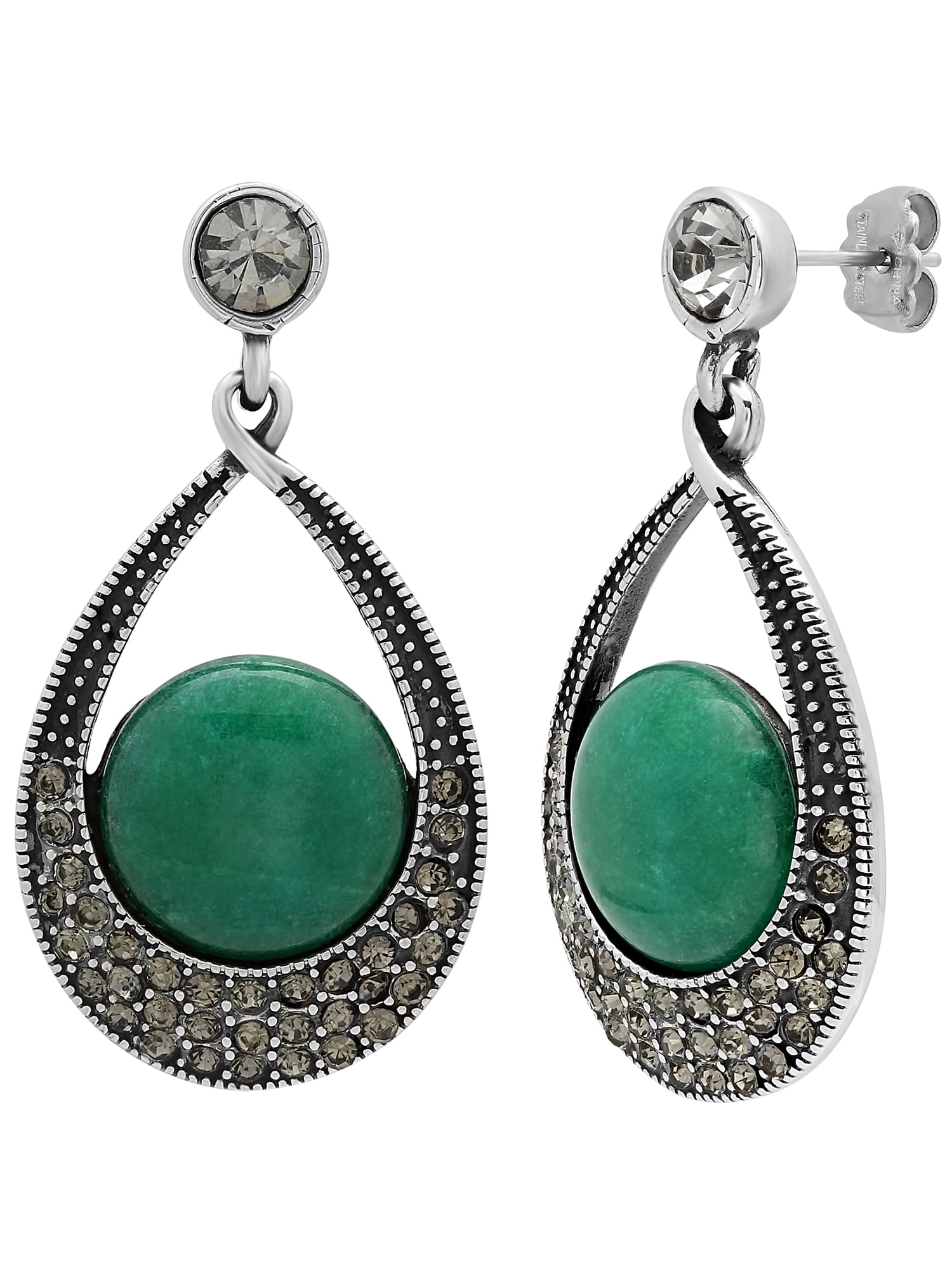 Green & Pink Glass Stainless Steel Butterfly Charm Silver Dangle Earrings