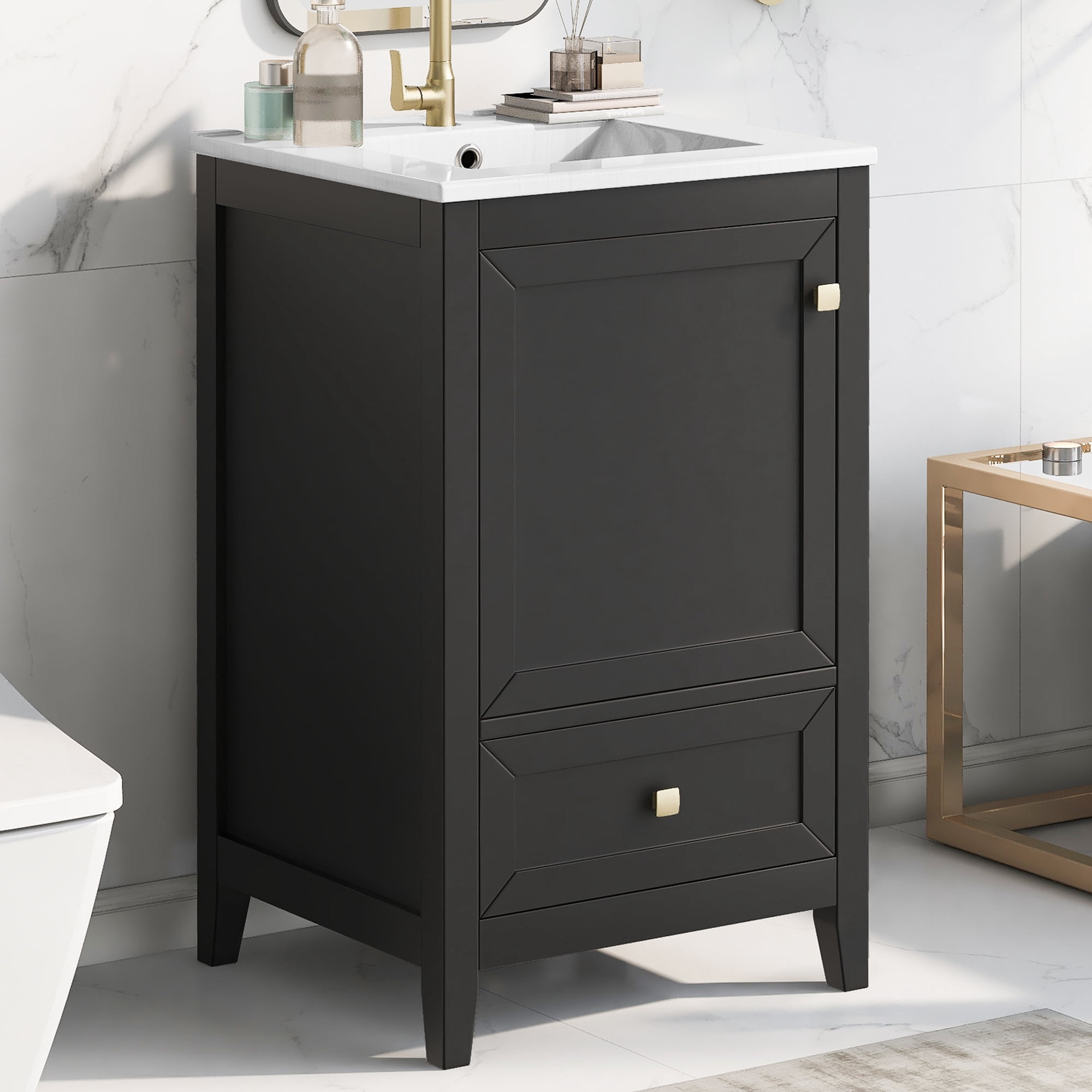 Euroco Bathroom Vanity with Ceramic Sink, Soft-Close Door, Storage Drawer & Door Rack, Painted Solid Wood & MDF, Single Hole Faucet Compatible, Platinum Knobs