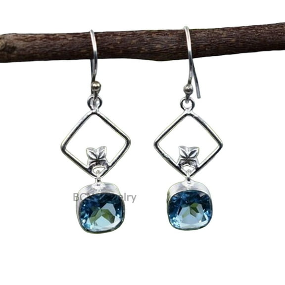 Solid 925 Sterling Silver Earrings For Womens, November Birthstone, Bridesmaid Gift Earrings, Blue Topaz, Gemstone Earrings, Flower Christmas Gift For Her