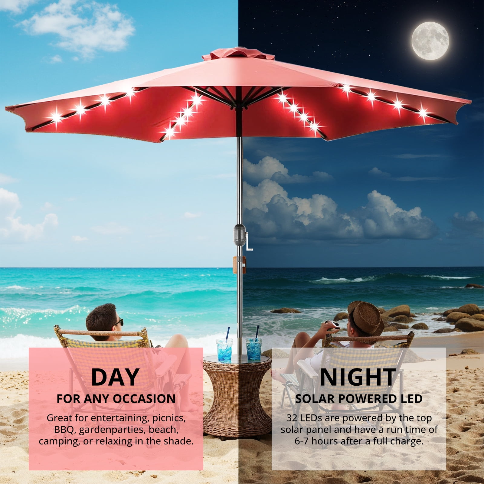 Blorly 10FT Solar Patio Umbrella with 32 LED Lights, Outdoor Umbrellas with Push Button Tilt and Crank, Tilting Table Umbrella with 8 Sturdy Ribs for Market, Beach, Red
