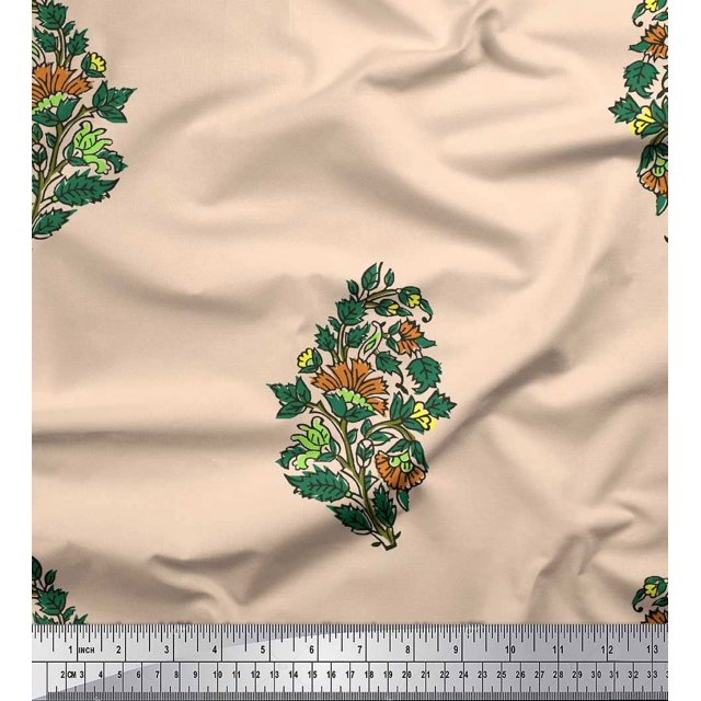 Soimoi Poly Georgette Fabric Leaves & Floral Block Print Fabric by Yard 42 Inch Wide