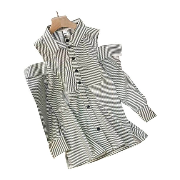 Camisa con hombros descubiertos para mujer blusa con botones y cuello vuelto Top a rayas de manga larga para camisa de verano S Walmart en linea