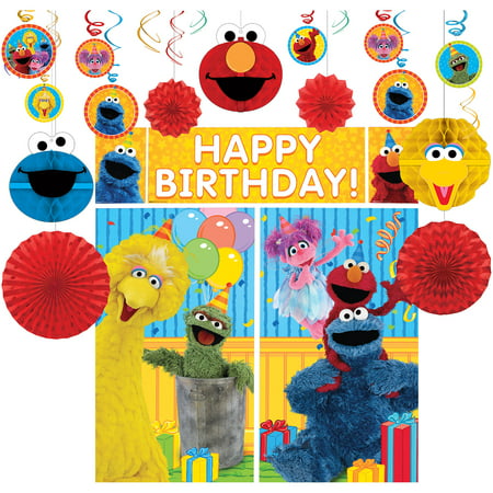 Party City Sesame Street Decorating Supplies, Include Honeycombs, Hanging Swirls and Fans, and a Photo Booth with Props