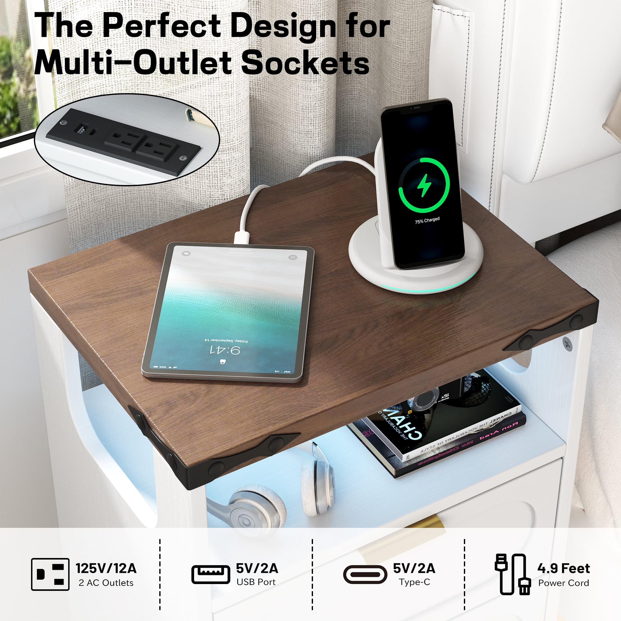 IDEALSOUL Nightstand Set of 2 with Charging Station, Smart Led Nightstand with 2 Drawer, Modern Bedside Table End Side Table Nightstands for Bedroom, Living Room,White