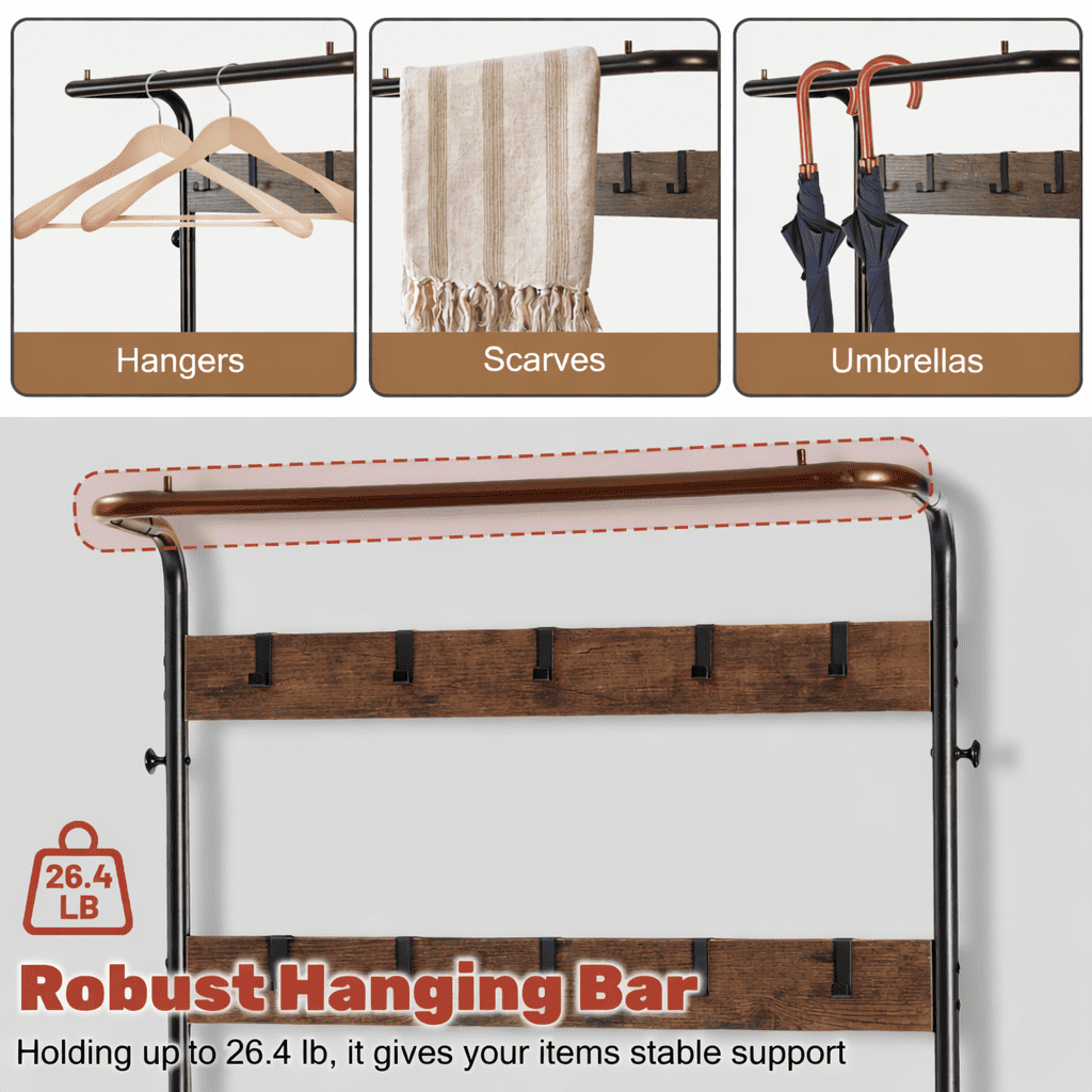 ZIVACATE Coat Rack, Hall Tree with Shoe Storage Bench, Entryway Bench with Shoe Storage, 4-in-1, Steel Frame, for Entryway, 28.35 x 13.27 x 72.05 in,Brown