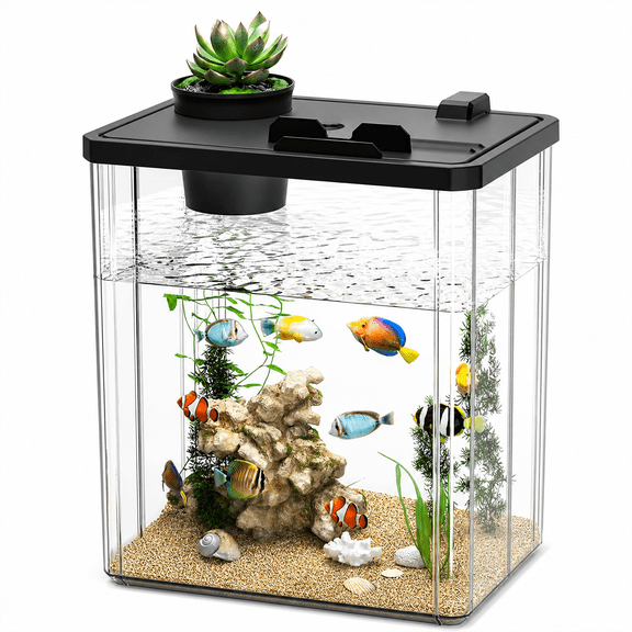 RAIRSKY Fish Tank Aquarium Starter Kit, Mini Desktop Rectangular Fish Tank With Pump, LED Light, Simulated Water Plants, Fish Bowl Tabletop Decoration For Shrimp Small Fish