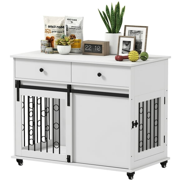 PawHut 39" Dog Crate Furniture, Dog Kennel with Storage Drawers, Wheels