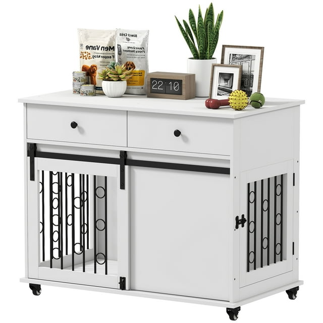 PawHut Meuble Cage pour Chien de 39 Pouces, Chenil pour Chien avec Tiroirs de Rangement, Roues