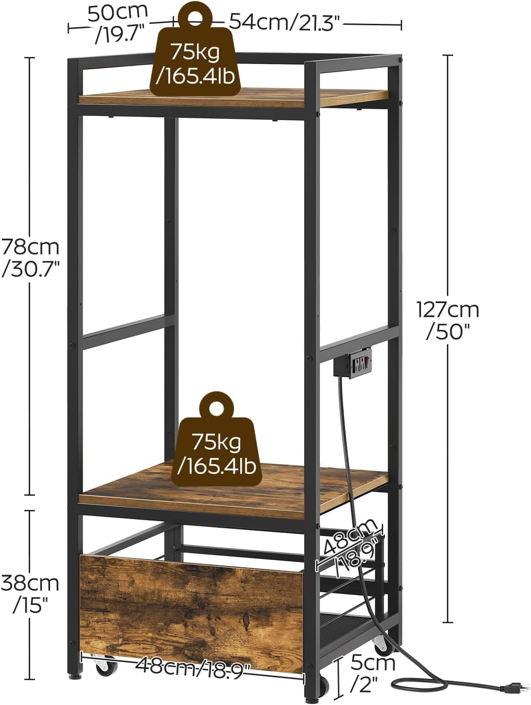 Mini Fridge Stand with Movable Drawer, Microwave Stand with Power Outlet, Kitchen Bakers Rack for Dorm, Dining Room, Home, Rustic Brown HB05UBR