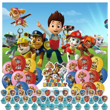 46Pcs For Paw Theme For Patrol Birthday Party Decorations Set with 5*3ft Birthday Backdrop Decorations,20 Balloons,25 Cupcake Toppers,All-in-One Kids Celebration Party Kit Supplies