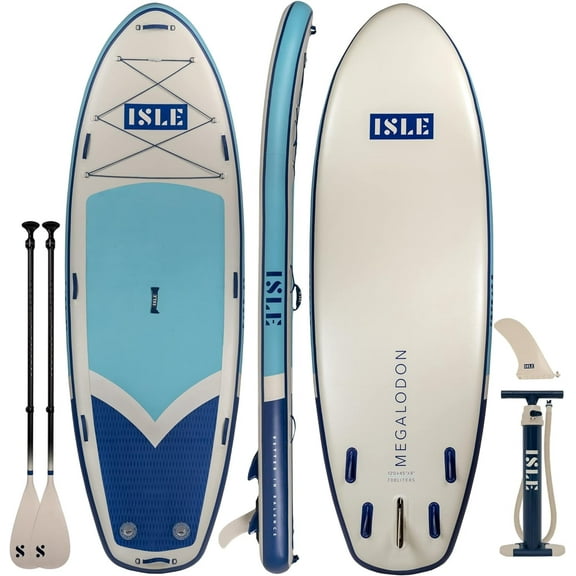 ISLE Megalodon Inflatable Stand up Paddle Board & iSUP Bundle Accessory Pack - Up to 1,050lbs Capacity—12'Lx45"Wx8" OR 15'Lx56"Wx8"(Aqua/Navy, 15')
