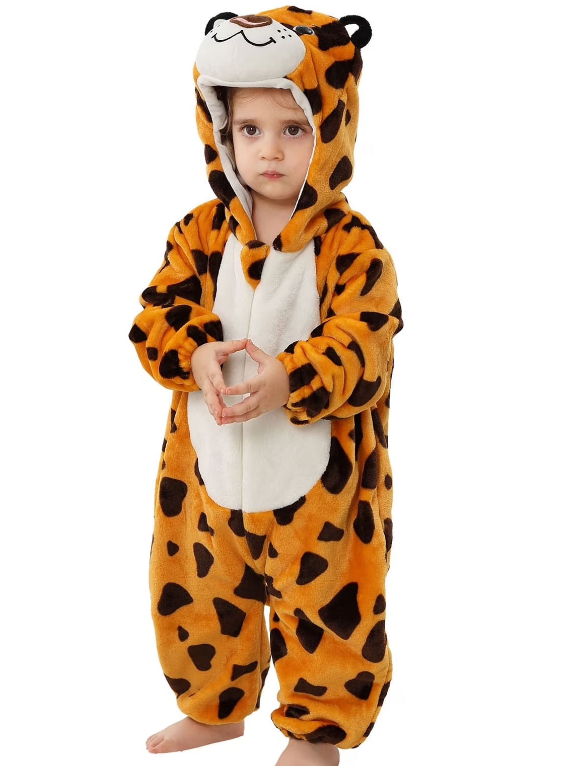 ATAIKU Baby Animal Leopard Onesie Flannel Hooded Romper for Infant Winter Playsuit Jumpsuit for Boys and Girls Toddler Overall Outfit