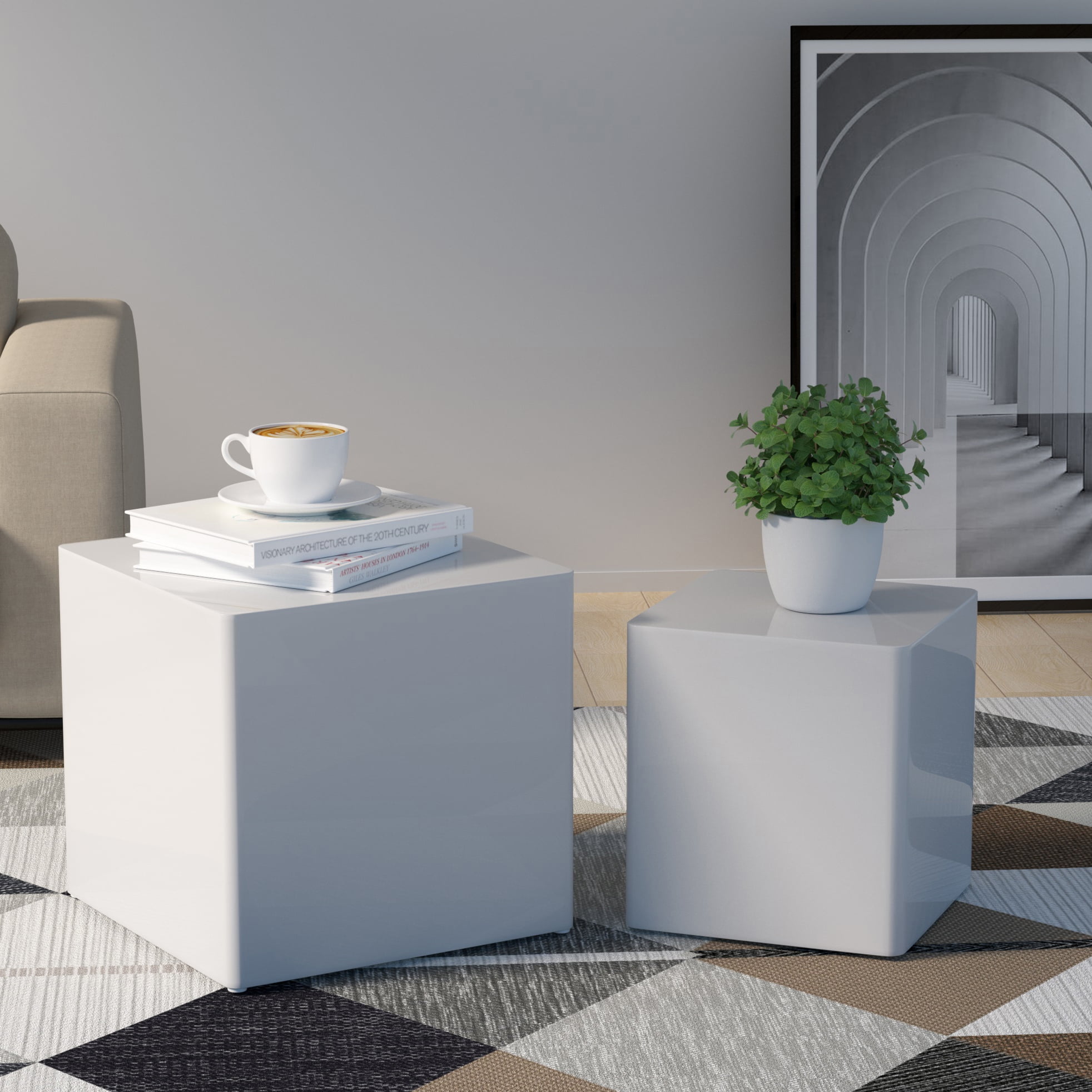 Canddidliike Set of 2 Modern White Square Wood Nesting Side Table for Living Room