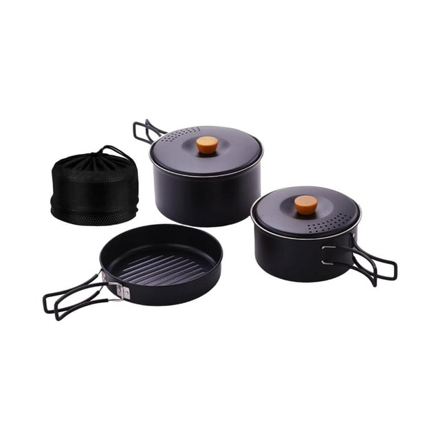 DYNWAVECA Ensemble de Cuisson de Camping 3 Pcs Casseroles et Poêles en Acier Inoxydable Poignée Pliable Kit de Cuisine de Camping pour Randonnée Équipement de Pique-Nique Noir