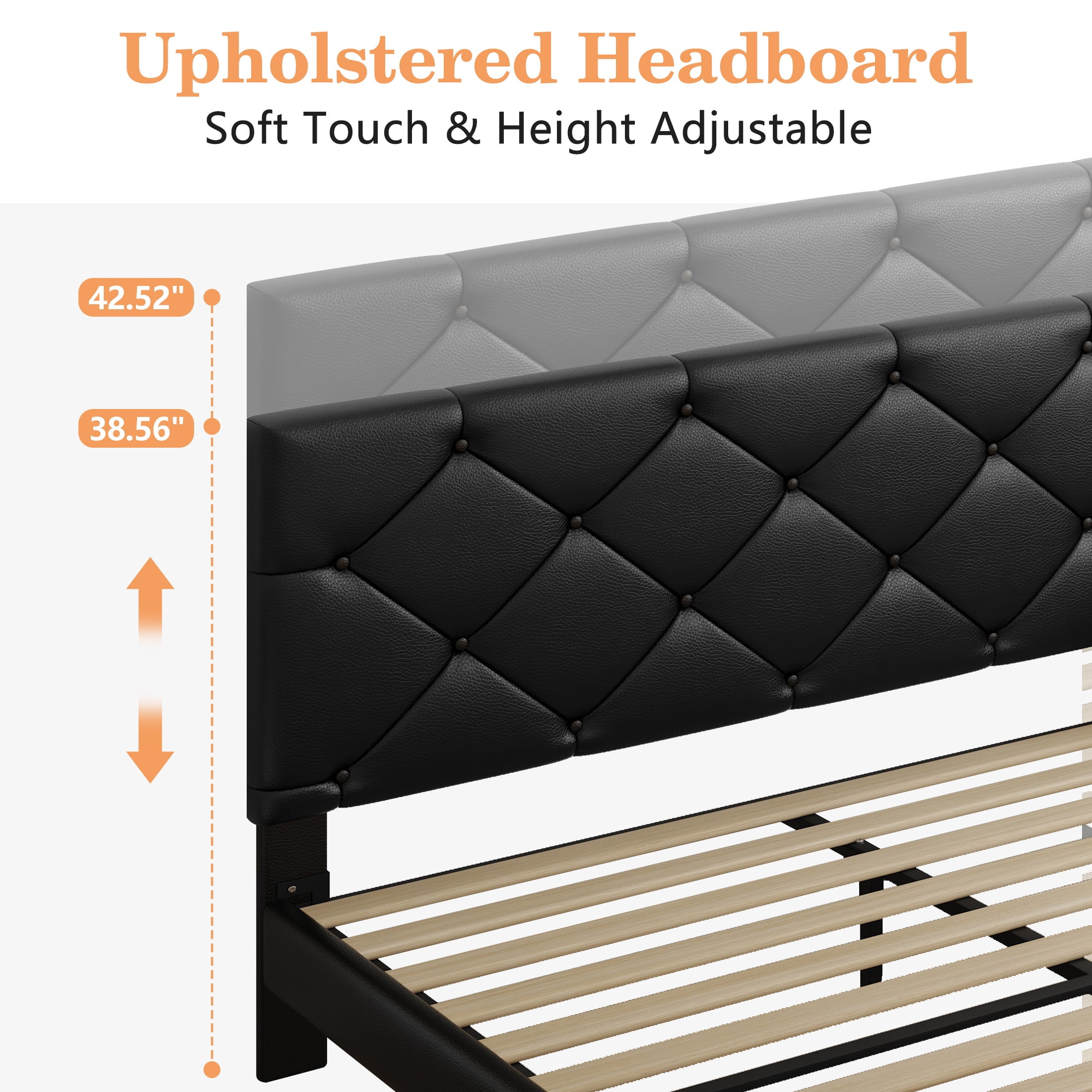 Queen Bed Frame with Upholstered Faux Leather Headboard, UHOMEPRO Platform Bed Frame with Wood Slat Support, No Box Spring Needed, Black