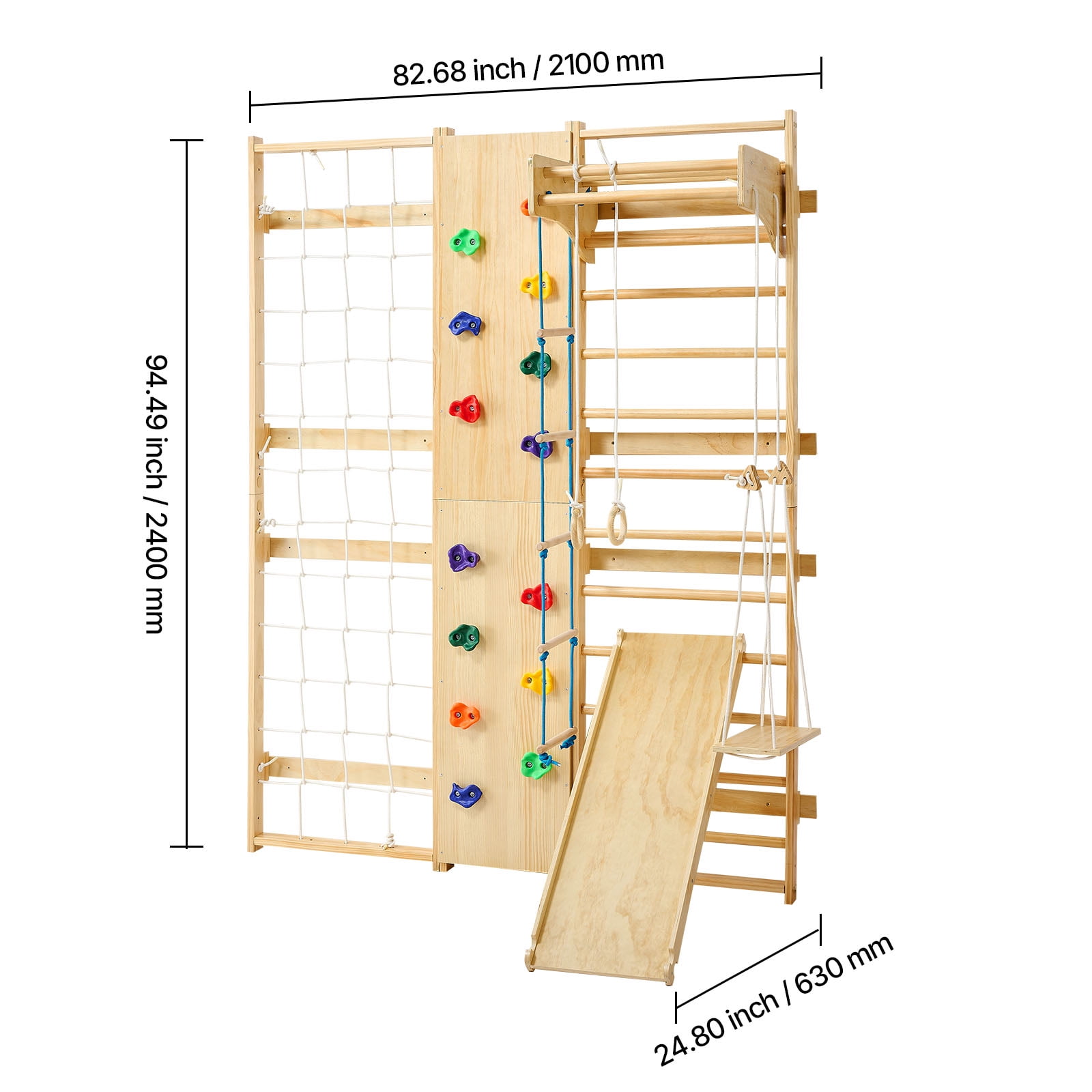 KFFKFF Swedish Ladder Wall Gym, 9-in-1 Adjustable Wooden Gymnastic Stall Bars for Kids and Adults, 220LBS Indoor Fitness Station with Climbing Wall, Rings, Pull-Up Bar, Slide, Swing, and More