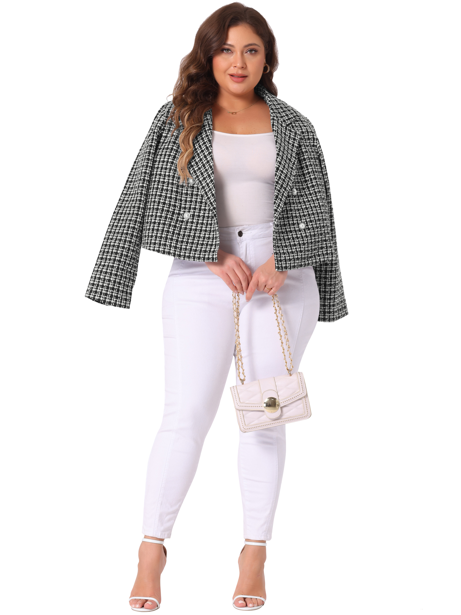 DARING DIVA Women's Plus Tweed Blazer Jacket Notched Lapel Business Black 3X