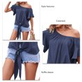 thumbnail image 4 of Top de mujer con cuello redondo, mangas cortas con volantes, dobladillo con lazo, camiseta informal holgada y cómoda de verano para el trabajo, cita diaria, azul oscuro M, 4 of 5
