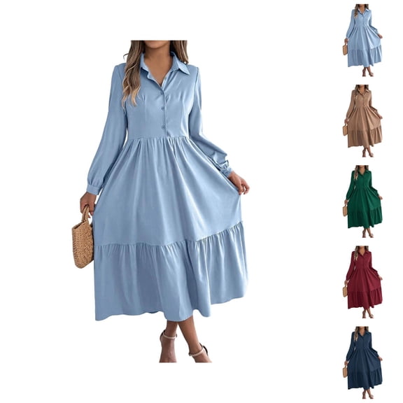Spring Dresses for Women 2026 Trendy Long Sleeve Button Down Collared Ruffle Hem A Line Flowy Long Dress