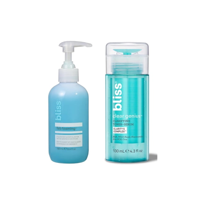 Limpiador espumoso Bliss Fab y tóner Clear Genius + suero | Dúo purificador de poros para una piel clara | Rutina de cuidado de la piel de 2 pasos | Limpio Vegano Sin crueldad