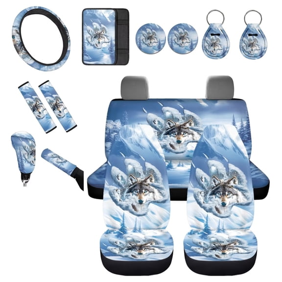 Chririnla Wolf Paw Car Seat Covers Front Back Seat Cover Full Set 14 Pack Casual Auto Interior Decor with Steering Wheel Cover Gear Shift Protector Coasters Automotive Essentials