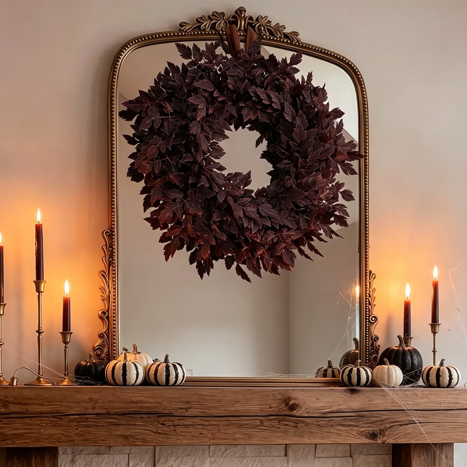 Fall Wreath for Front Door - 24 Inch Autumn Plum Leaf Wreath with Faux Full Harvest Foliage, Halloween Thanksgiving Decor, Farmhouse Wall Window Mantel Decoration, Indoor Outdoor Seasonal Home Accent