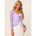 thumbnail image 4 of Cárdigan corto con lazo en la parte delantera para mujer Dobladillo con volantes Top transparente de encaje floral Morado Claro XL, 4 of 6
