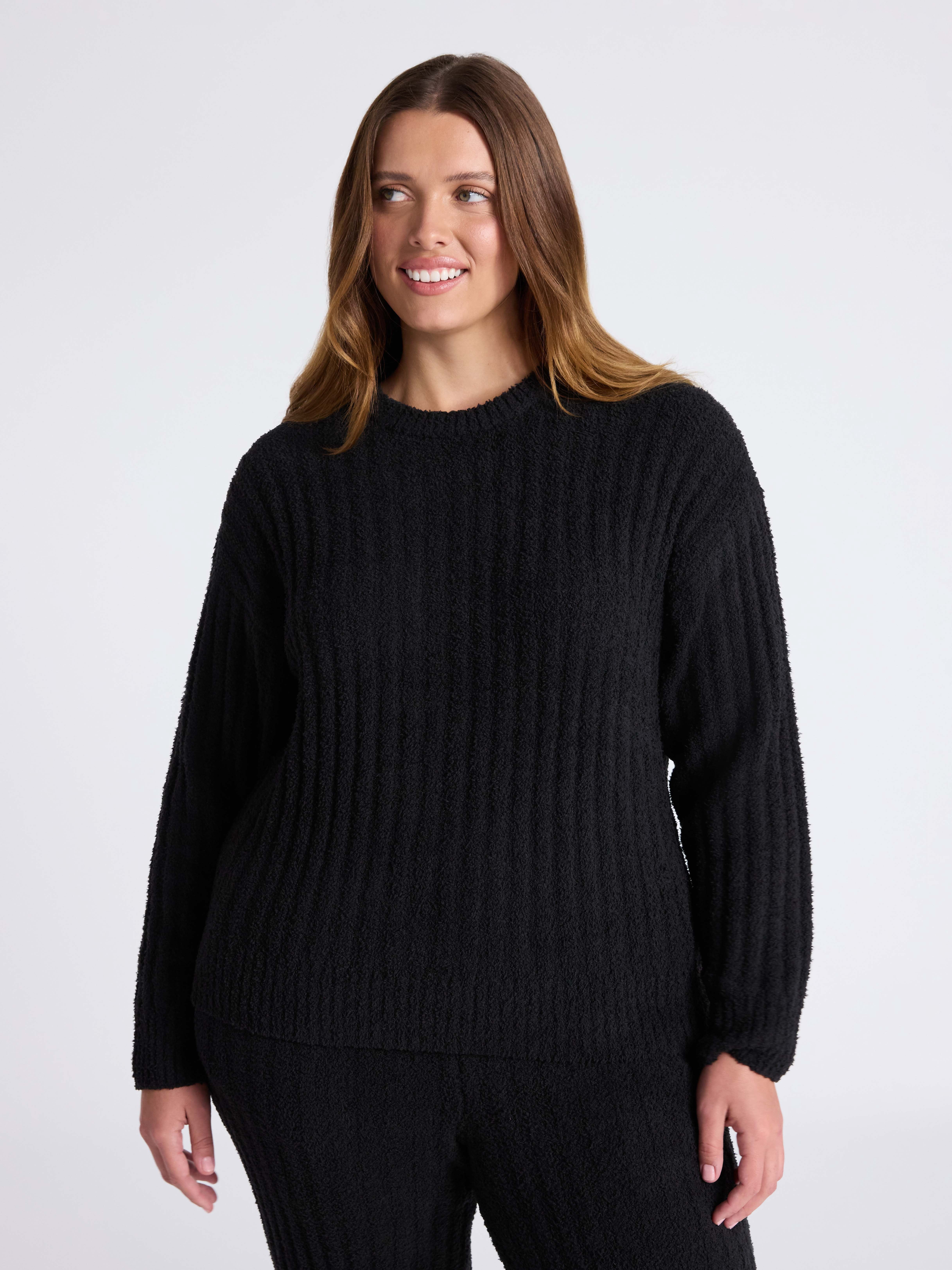 Joyspun Women's Sleepwear Ribbed Crewneck Top with Long Sleeves, Sizes XS-3X