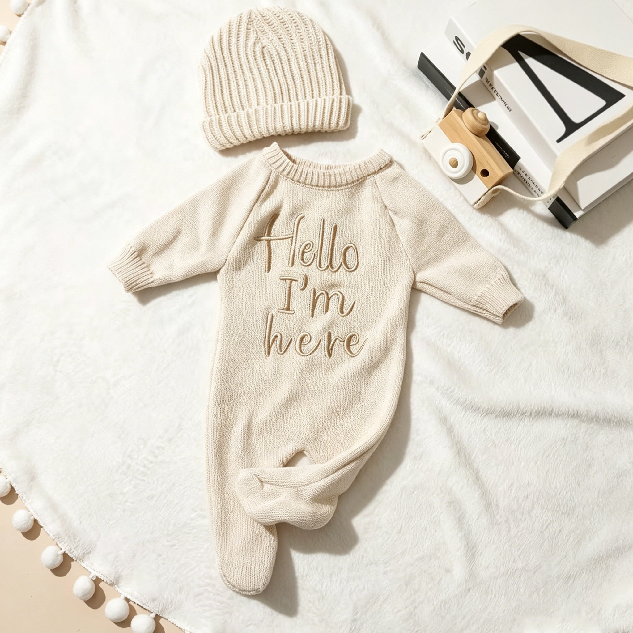 "Hello" Embroidery Knitting Onesie Newborn Birth Announcement Outfits Footed Jumpsuit Baby Boy Girl Photography Props Newborn