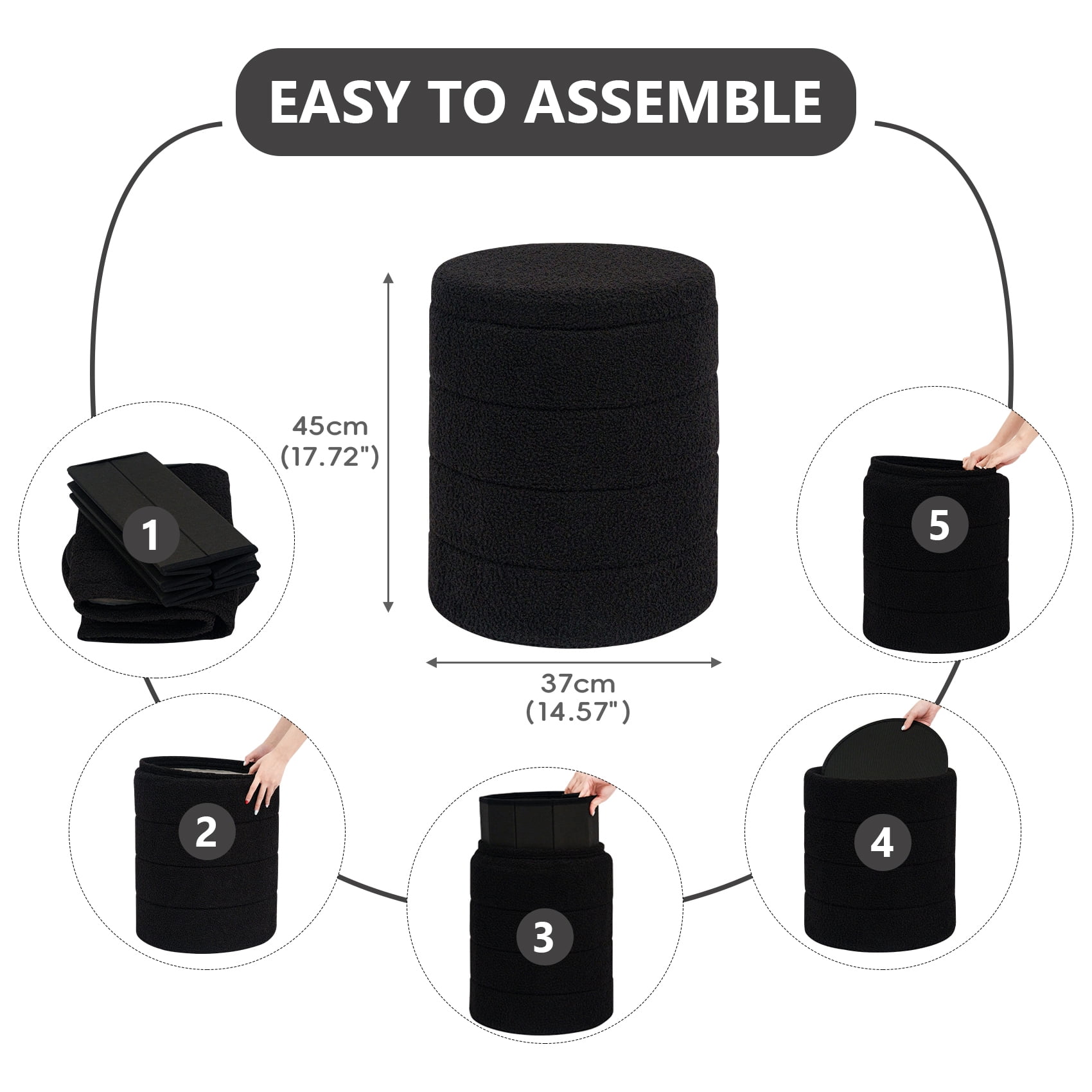 B FSOBEIIALEO 14.6inch Collapsible Storage Ottoman Round with Tray Teddy Fabric Living Room Bedroom Ottoman with Storage(Black)