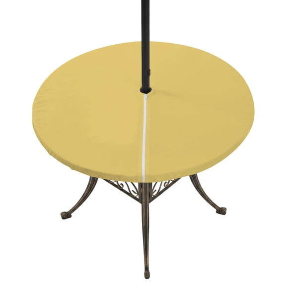 Round Outdoor Tablecloth with Umbrella Hole and Zipper, Light Yellow Tablecloth with Elastic Waterproof, Minimalist Modern Solid Color Yellow Patio Table Covers for 45" - 54" Picnic Pool Tables