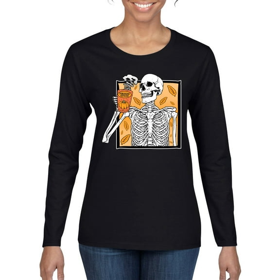 Wild Bobby Pumpkin Spice Latte Skeleton Orange Black and White Halloween Women Graphic Long Sleeve Tee, Black, Small