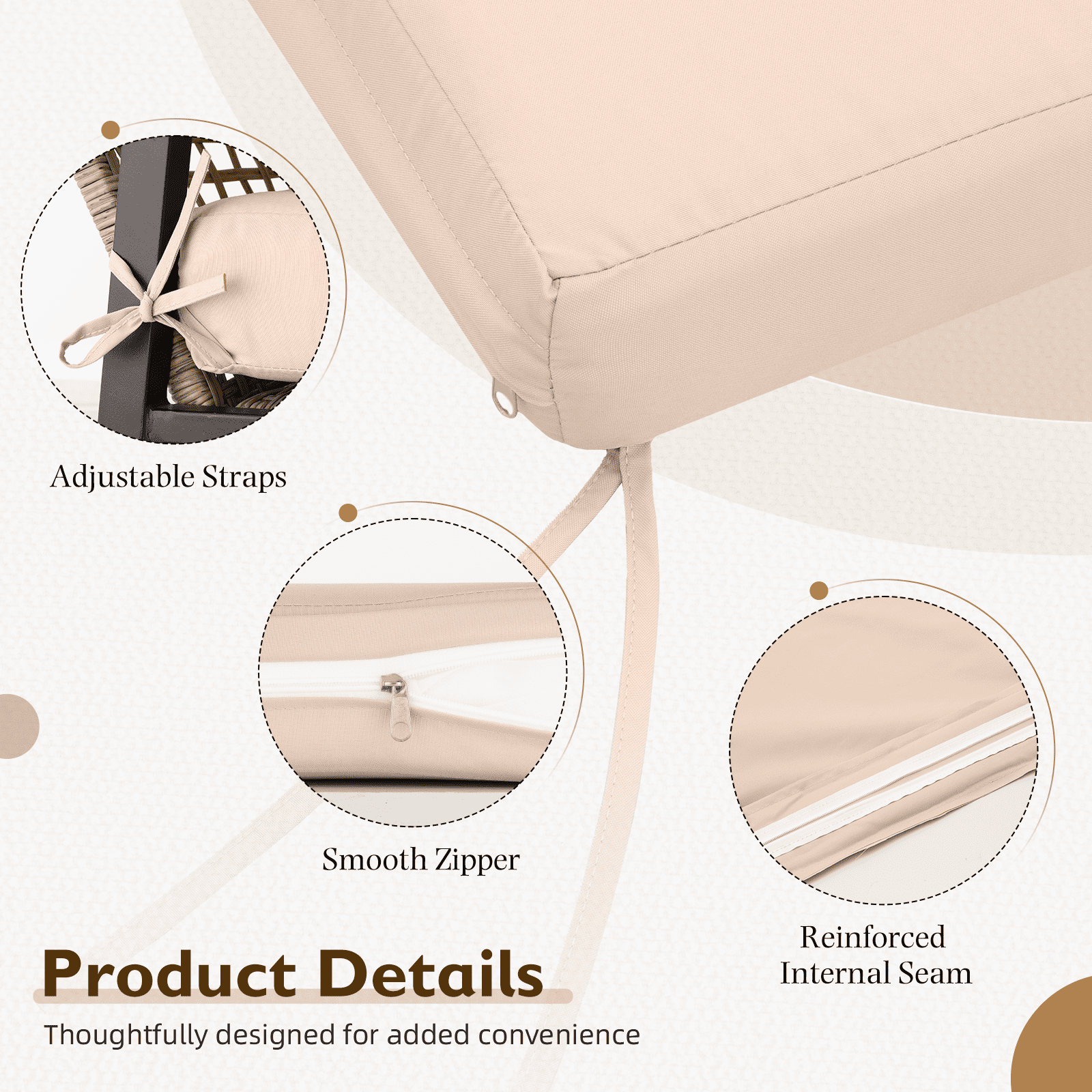 HOMREST Outdoor Chair Cushions Set of 4, 24x24 Inch Waterproof Patio Furniture Cushions with Removable Covers & Ties, Reversible Seat Cushions and Back Cushions for Garden Deck Furniture, Khaki