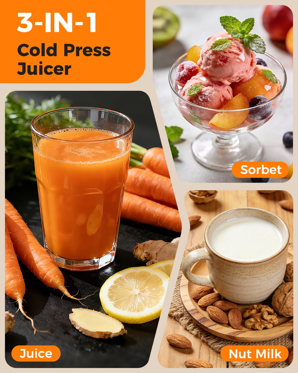 SMALLHOO Juicer Machines 6.5" Extra Wide Chute, 3-in-1 for Juice, Sorbet & Nut Milk, Cold Press Juicer for Whole Fruit, Quiet, Easy to Clean & BPA-Free