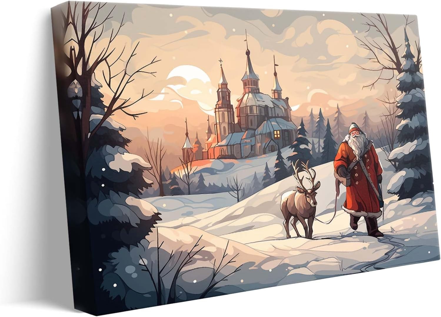 Christmas Santa Claus and Reindeer in Winter Wonderland Canvas wall art decor, Festive Wall Art for Living Room or Office, Holiday Home Decor with Scenic Snowy Landscape and Classic Santa 11X14inch