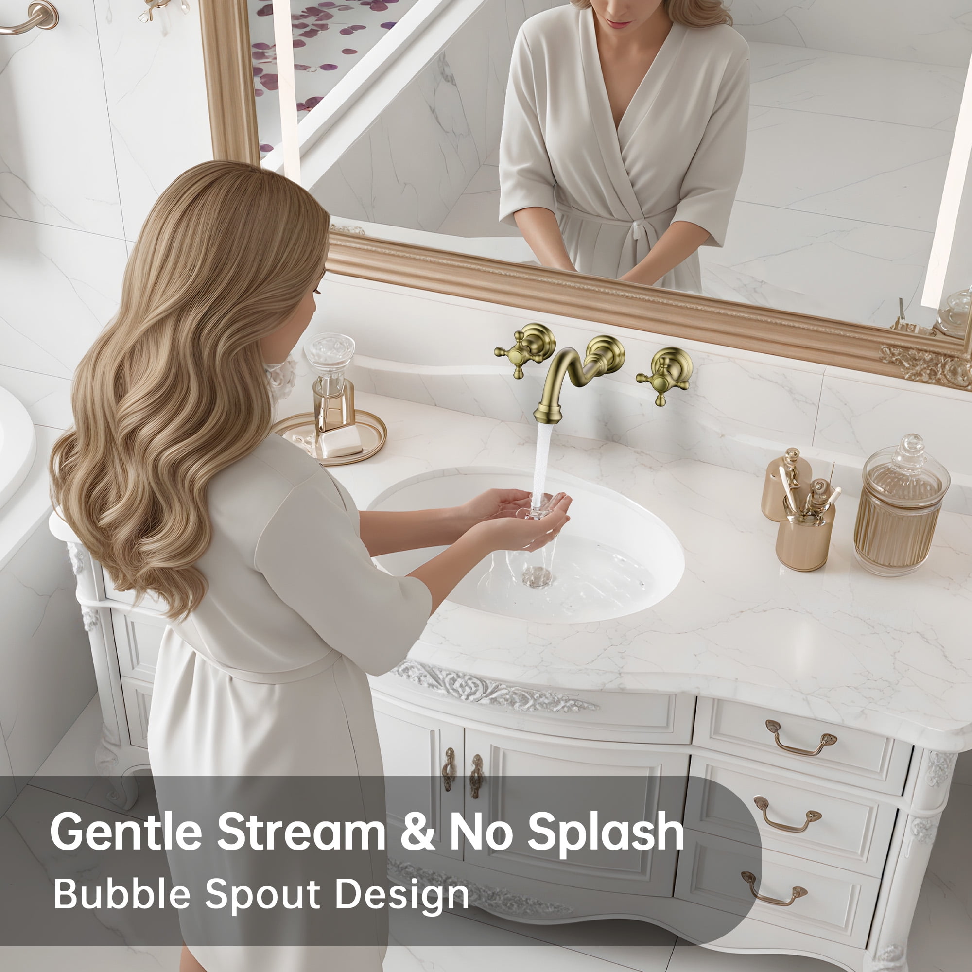 SUMERAIN 3 Holes Wall Mount Basin Faucet,Vintage Cross Handles Brushed Gold Lavatory Bathroom Vessel Sink Faucet Includes Rough-in Valve