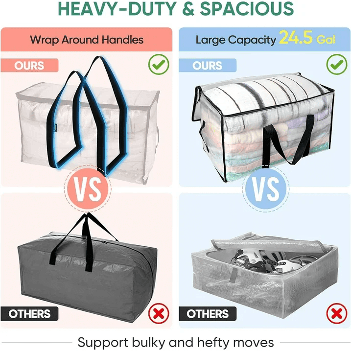 DLD 6 Pack XL Heavy Duty Foldable Moving Bags Sturdy & Durable Clothes Storage Bags Totes Bins, Blue Packing Bags Moving Boxes College Moving Supplies, Clear