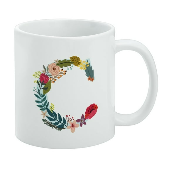Letter C Floral Monogram Initial White Mug