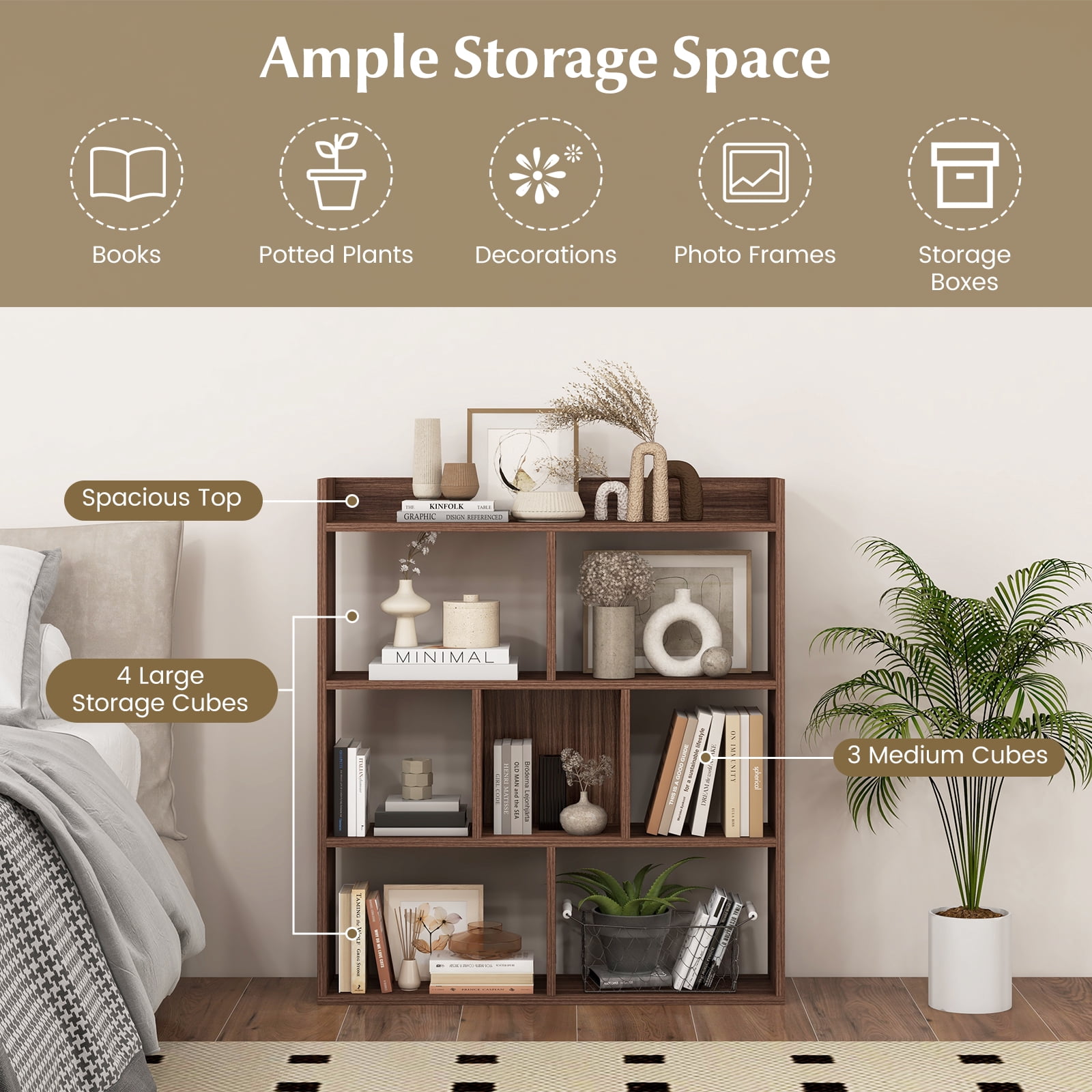 Giantex 7 Cube Bookshelf, Free-Standing Wooden Bookcase, 4 Tier Home Display Shelf, Horizontal Storage Unit for Home