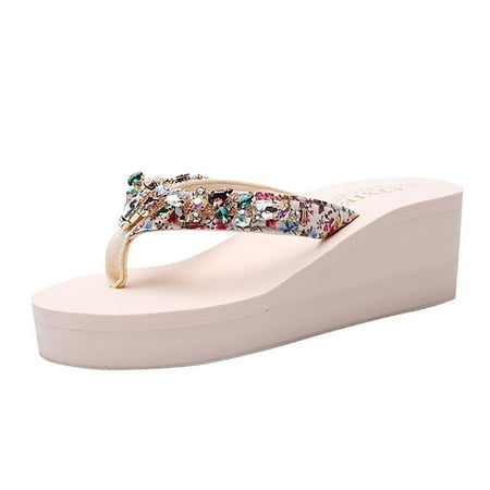 

Aufmer Sandal Wedges Shoes for Women Fashion Ladies Flip Flops Rhinestone Comfy Heel Beach Casual Pinch Toe Shoes