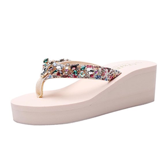 Fesfesfes Platform Flip Flops Fashion Women Flip Flops Rhinestone Comfy Sandals Wedge Heel Beach Casual Pinch Toe Shoes 9(42)