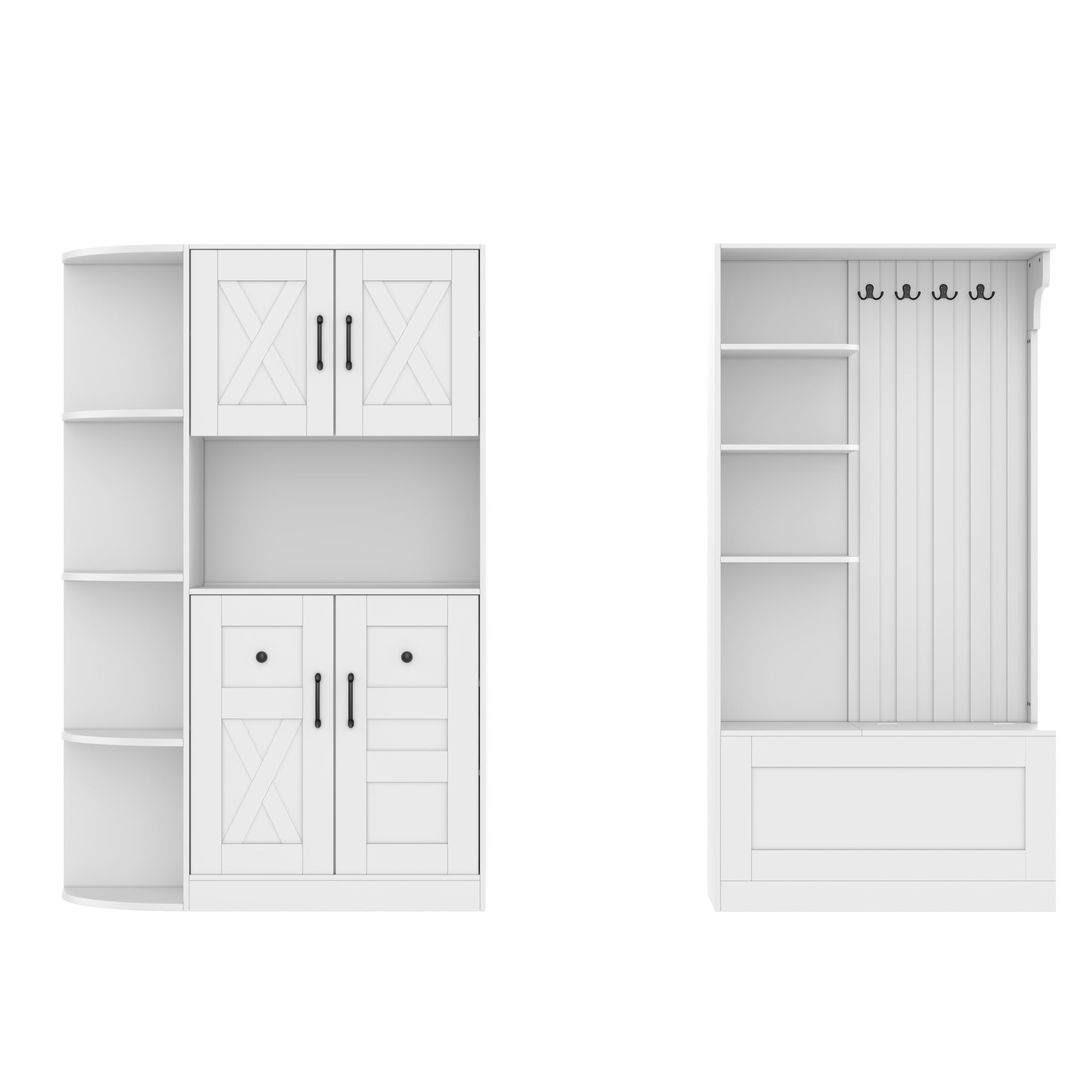 T-Foyer Farmhouse White Detachable Hall Tree with 4 Hooks & Bench, Wooden Rustic Entryway Organizer with Open Storage & 2 Cabinets