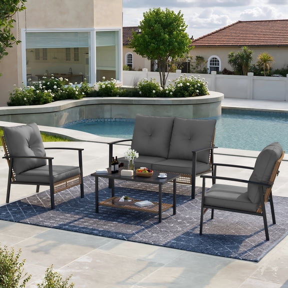 Deersky 4 Pieces Outdoor Patio Furniture Set with 2 All-Weather Wicker Chairs, Loveseat and Coffee Table, Easy Assembly for Balcony, Porch, Backyard