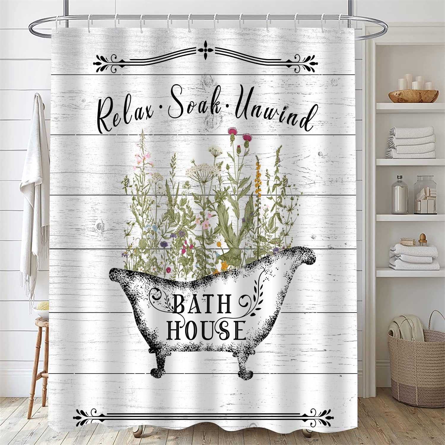 4 Pcs Floral Shower Curtain Flowers Leaves Bathroom Sets with Shower Curtain and Rugs Vintage Farmhouse Bathroom Decor Country Bathtub on Rustic Wood Backdrop Bathroom Rugs Mat Toilet Lid Cover