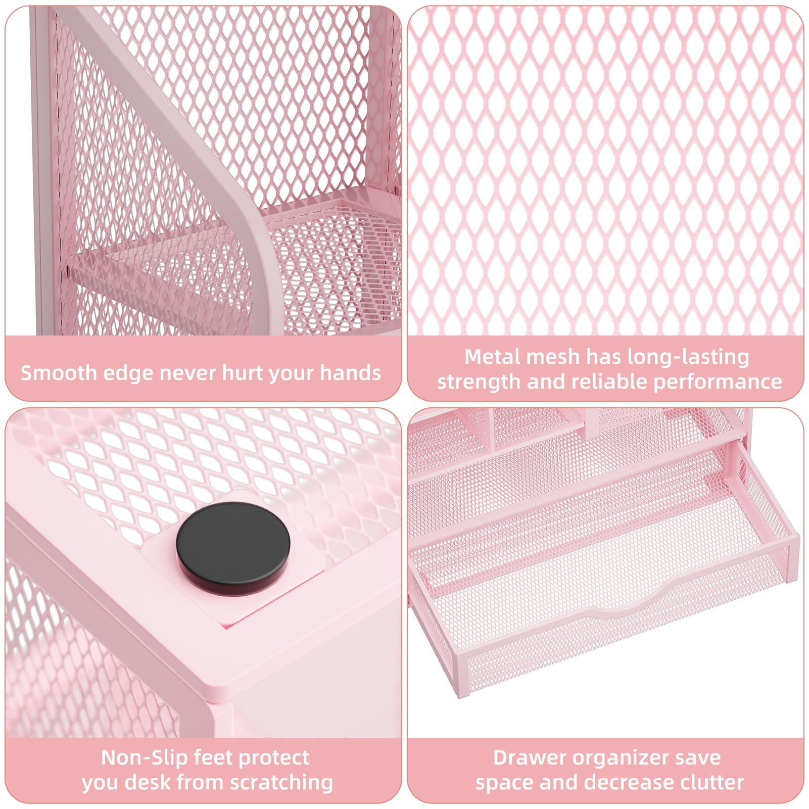 Marbrasse Mesh Pen Holder for Desk, Desk Organizer with Drawer, Multi-Functional Pencil Organizer, Accessories for Office Art Supplies (Pink)