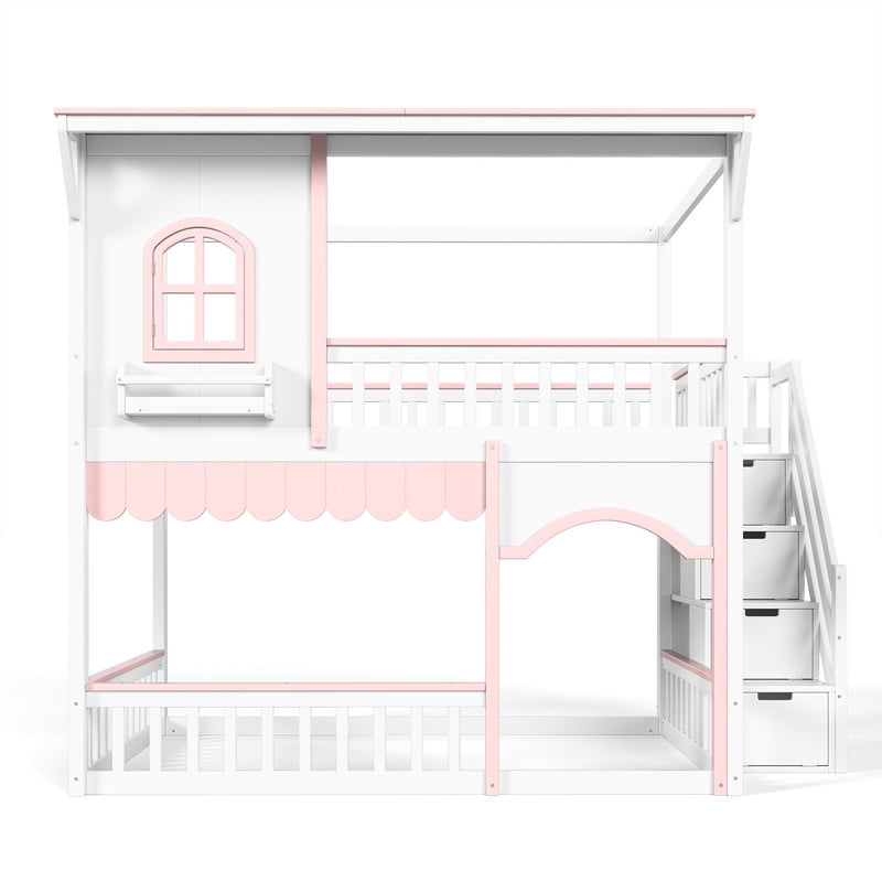 Full-Over-Full Wood Storage Bed Frame with Staircase & Small Bookshelf, Kids House Bunk Bed with Window, Eave & Door
